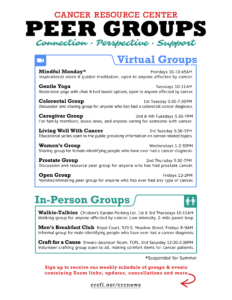 Virtual Groups Mindful Monday* Mondays 10-10:45AM Inspirational video & guided meditation, open to anyone affected by cancer. Gentle Yoga Tuesdays 10-11AM Restorative yoga with chair & bed-based options, open to anyone affected by cancer. Colorectal Group 1st Tuesday 5:30-7:30PM Discussion and sharing group for anyone who has had a colorectal cancer diagnosis. Caregiver Group 2nd & 4th Tuesdays 5:30-7PM For family members, loved ones, and anyone caring for someone with cancer. Living Well With Cancer 3rd Tuesday 5:30-7PM Educational series open to the public providing information on cancer-related topics. Women’s Group Wednesdays 1-2:30PM Sharing group for female-identifying people who have ever had a cancer diagnosis. Prostate Group 2nd Thursday 5:30-7PM Discussion and resource peer group for anyone who has had prostate cancer. Open Group Fridays 12-2PM Nondiscriminating peer group for anyone who has ever had any type of cancer. In-Person Groups: Walkie-Talkies Children’s Garden Parking Lot, 1st & 3rd Thursdays 10-11AM Walking group for anyone affected by cancer. Low intensity, 2-mile paved loop. Men’s Breakfast Club Royal Court, 529 S. Meadow Street, Fridays 8-9AM Informal group for male-identifying people who have ever had a cancer diagnosis. Craft for a Cause Shwarz-Jacobson Room, TCPL, 2nd Saturday 12:30-2:30PM Volunteer crafting group open to all, making comfort items for cancer patients. *Suspended for Summer Sign up to receive our weekly schedule of groups & events containing Zoom links, updates, cancellations and more at crcfl.net/crcnews